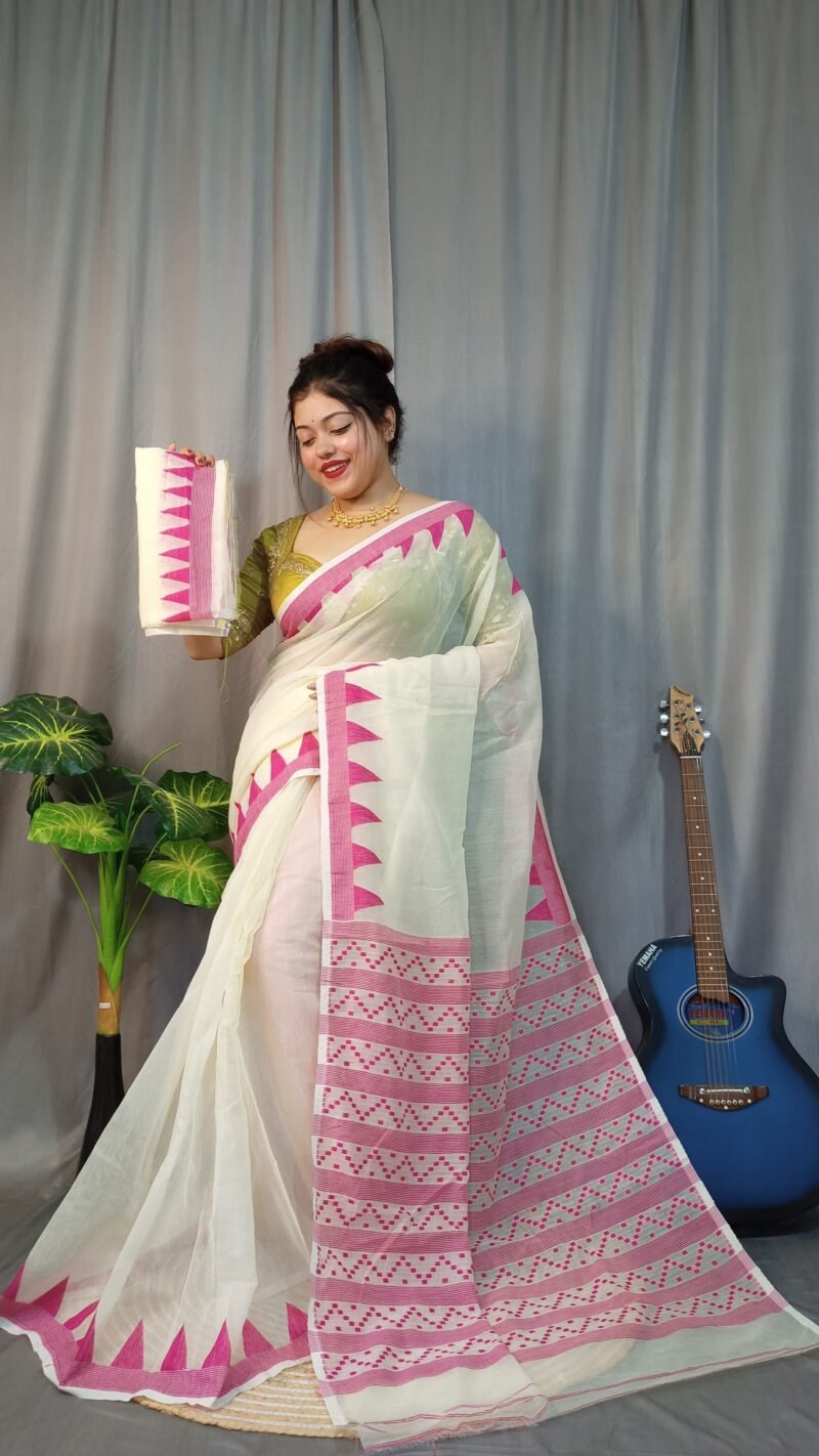 Nabonita Soft White Pink Jamdani Saree - Image 2