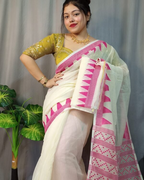 Nabonita Soft White Pink Jamdani Saree