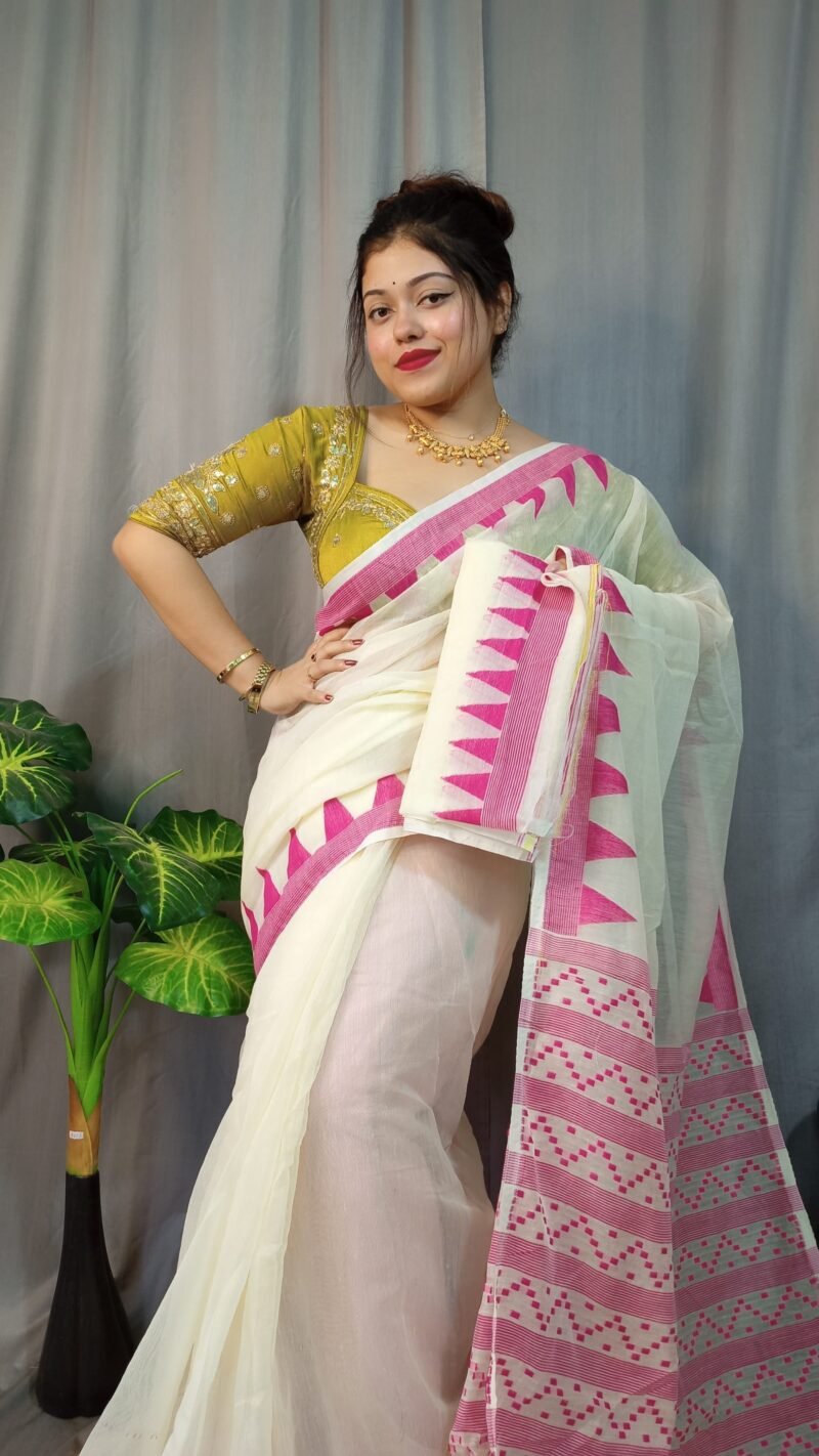 Nabonita Soft White Pink Jamdani Saree