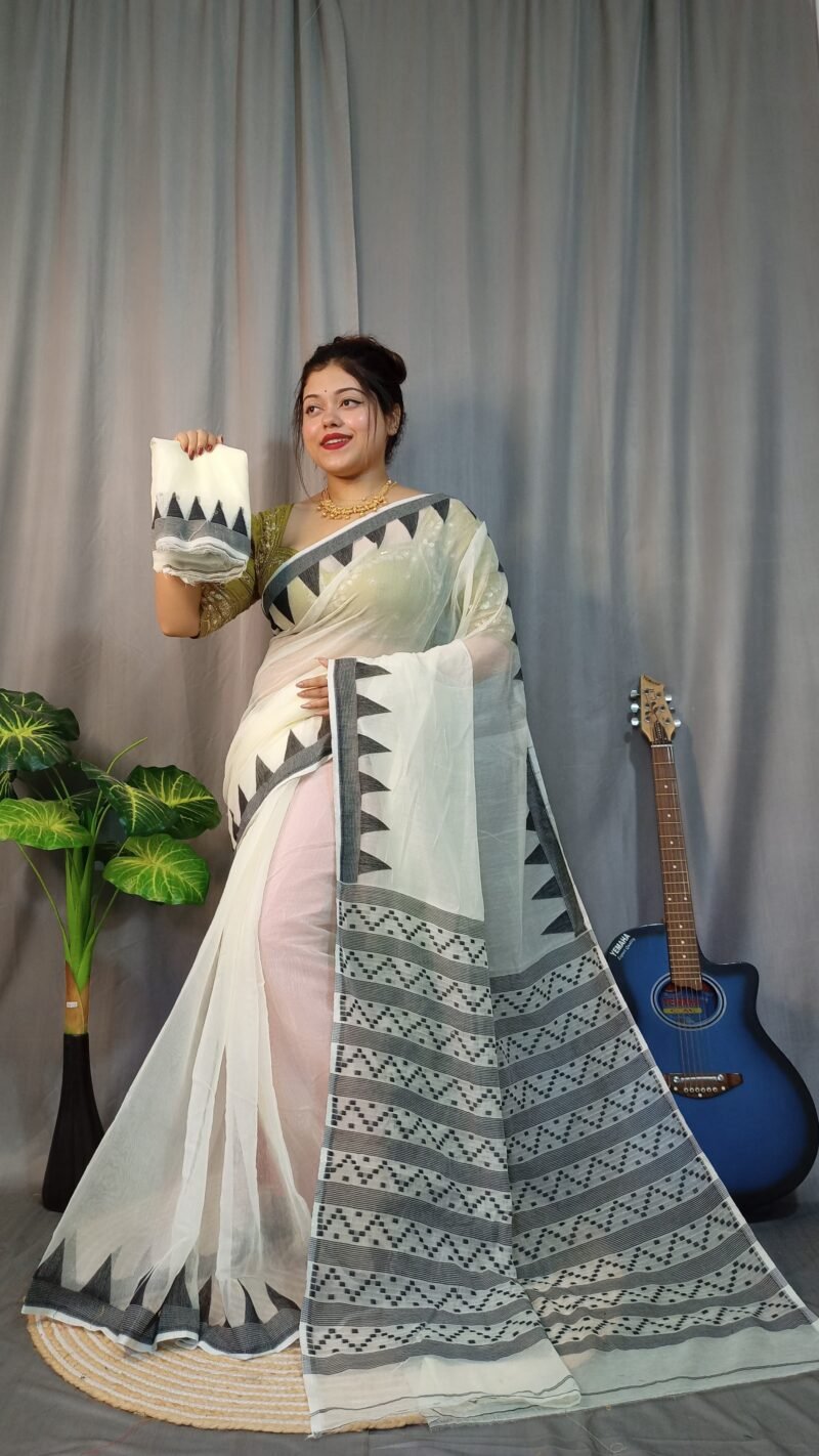 Nabonita Soft White Black Jamdani Saree - Image 2