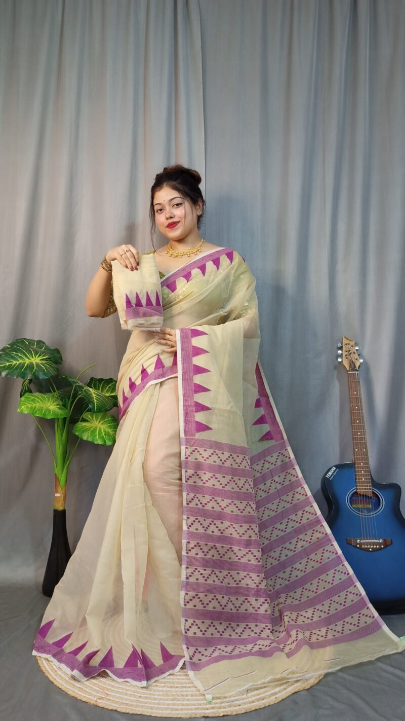 Nabonita Soft Cream Majenda Jamdani Saree - Image 3