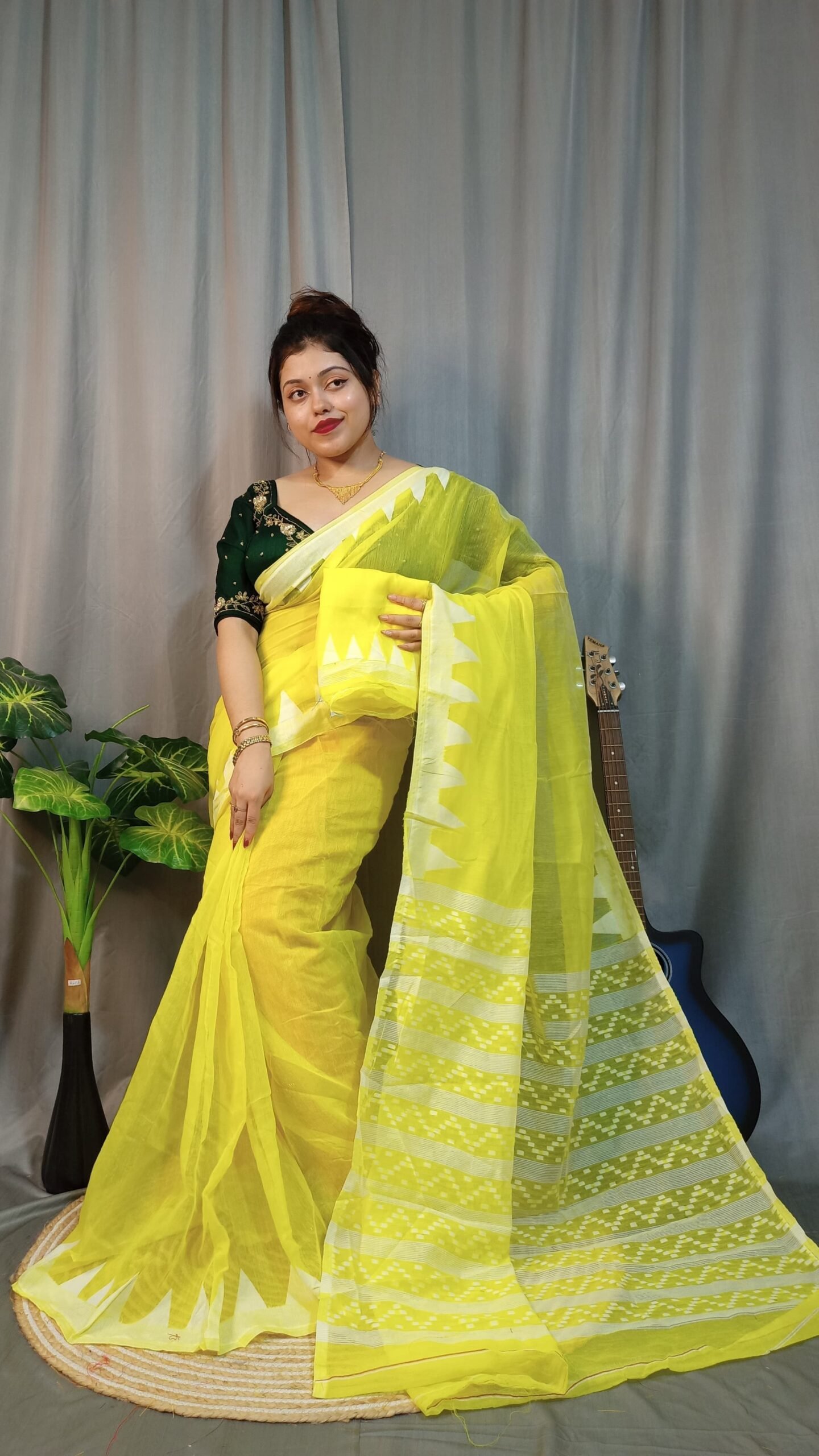 Nabonita Soft Lemmon Yellow Jamdani Saree