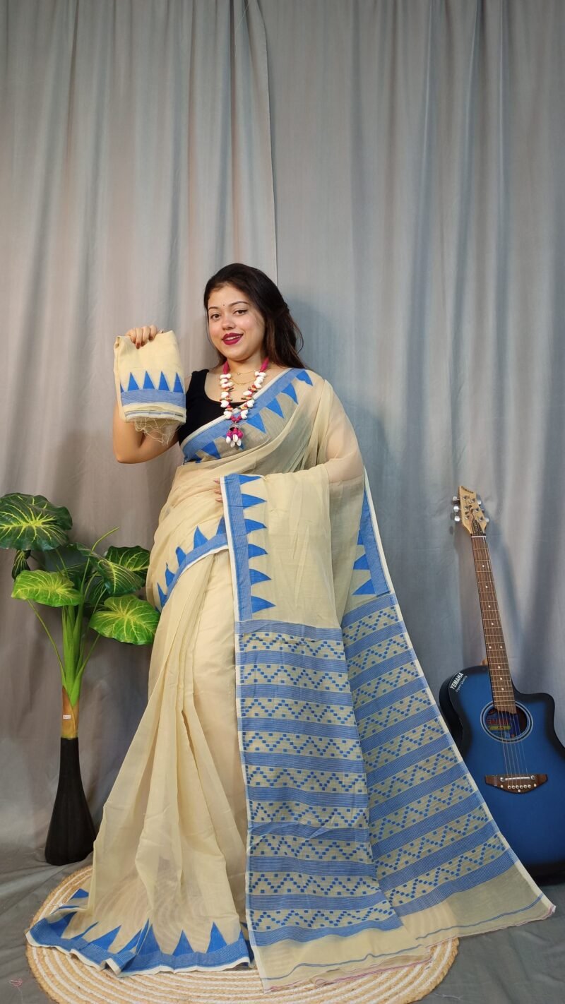 Nabonita Soft Cream Blue Jamdani Saree
