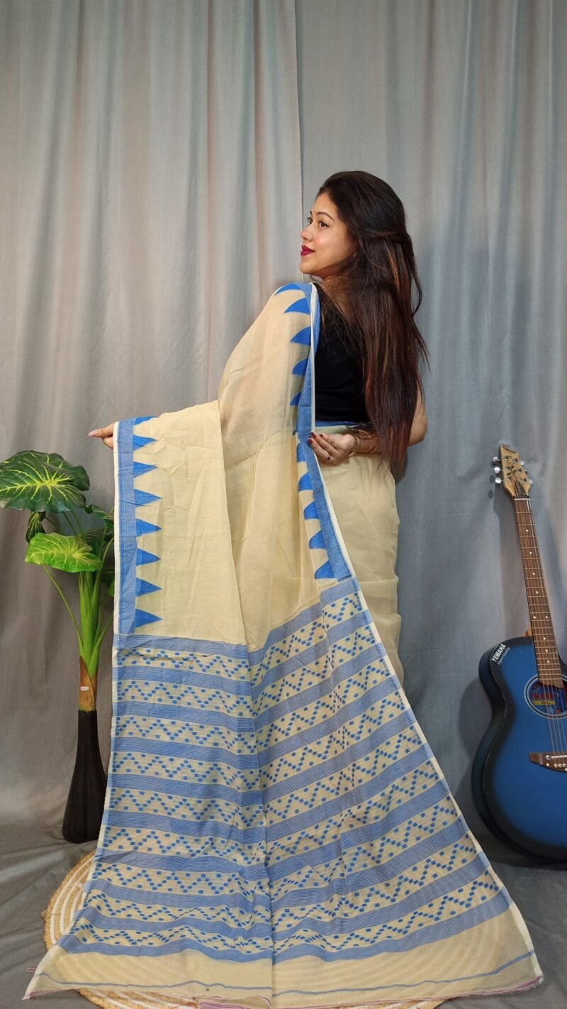 Nabonita Soft Cream Blue Jamdani Saree - Image 2