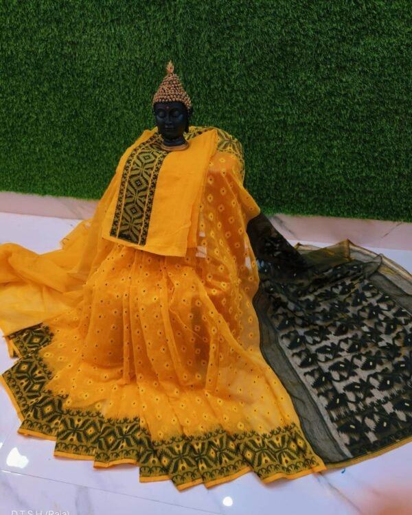 Triul Soft Yellow Black Jamdani Saree