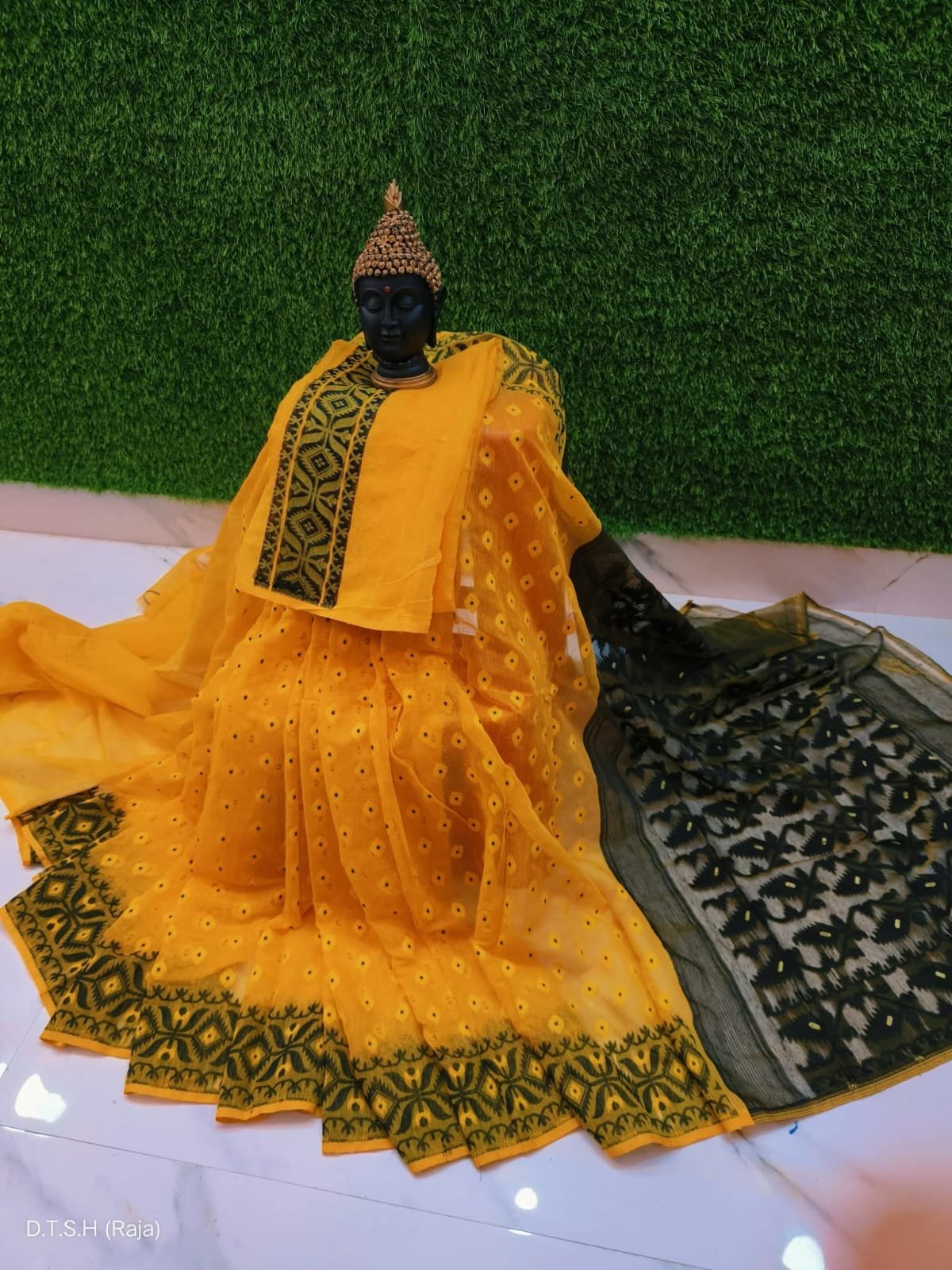 Triul Soft Yellow Black Jamdani Saree