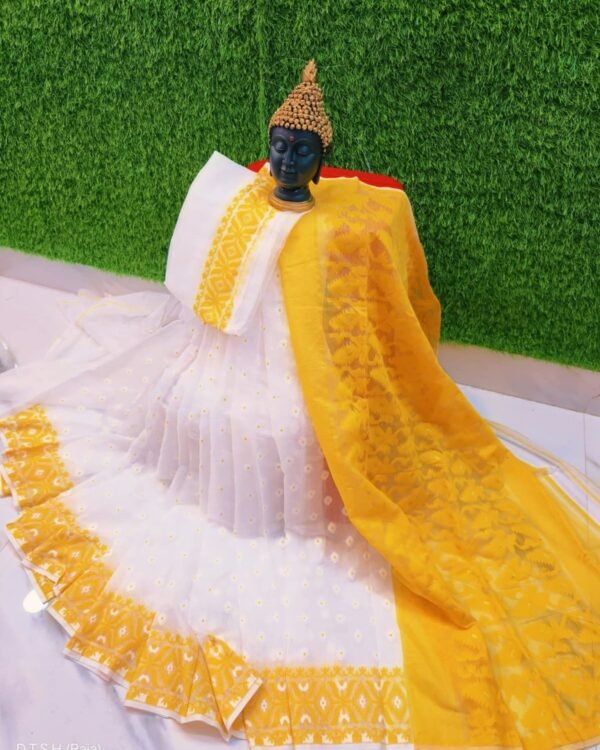 Triul Soft White Yellow Jamdani Saree