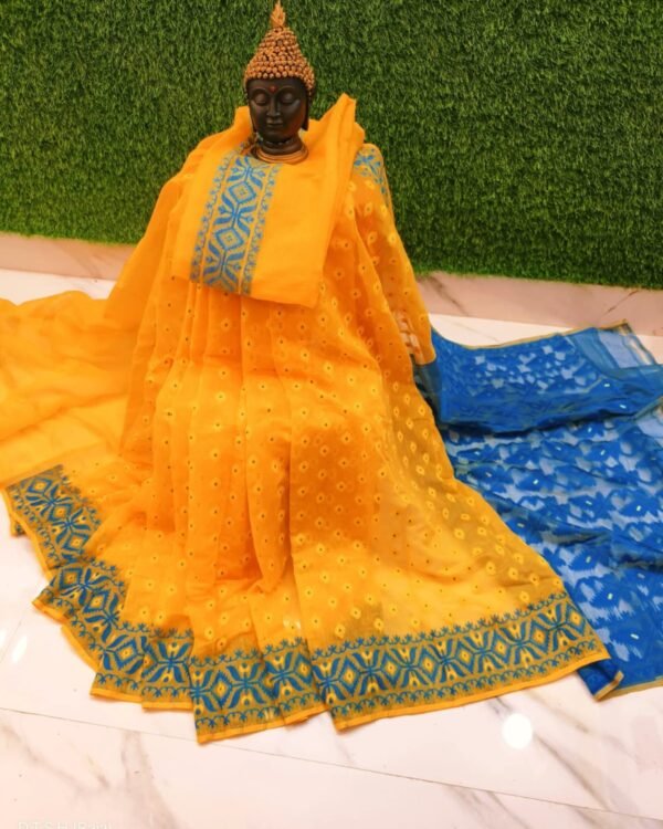 Triul Soft Yellow Blue Jamdani Saree