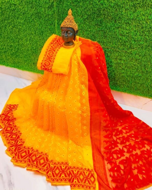 Triul Soft Yellow Red Jamdani Saree