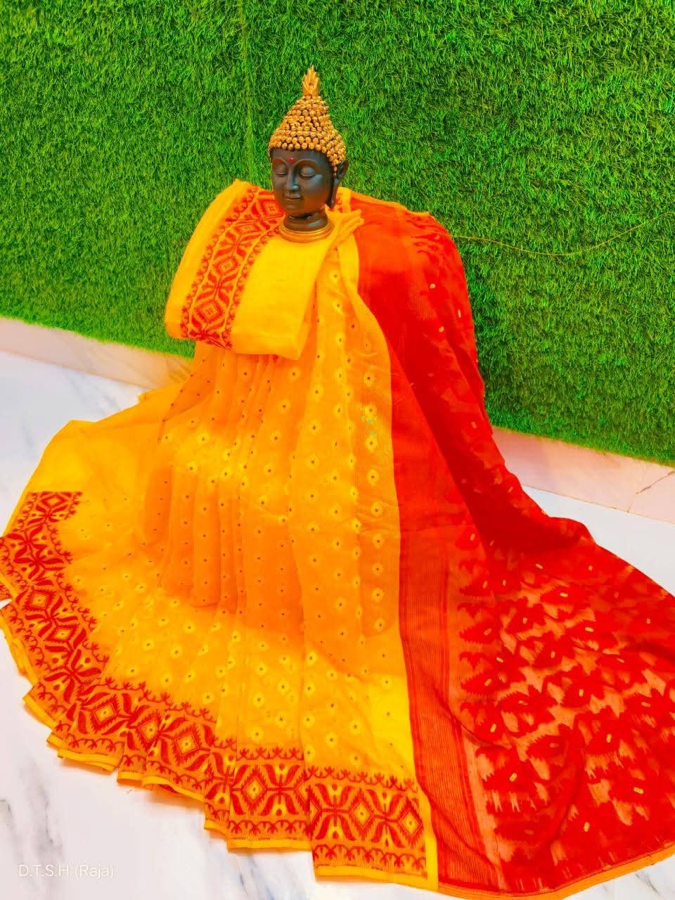 Triul Soft Yellow Red Jamdani Saree
