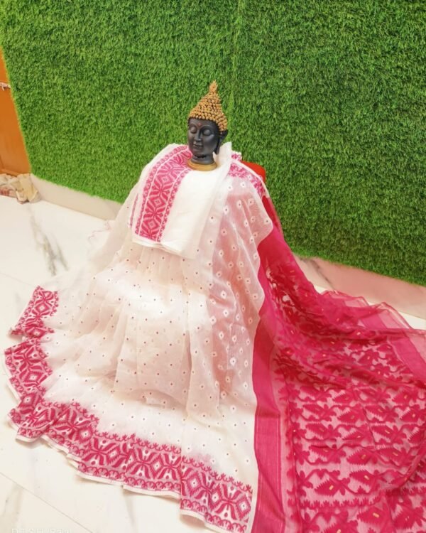 Triul Soft White Pink Jamdani Saree