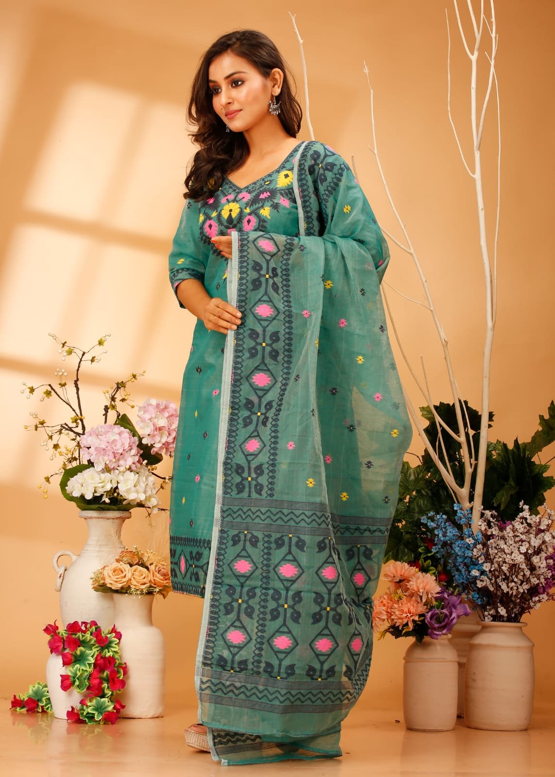 Kotki Bottol Green Cotton Unstitched Jamdani Kurti Set