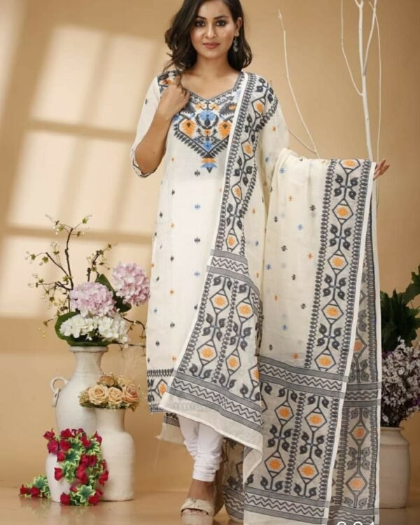 Kotki White Black Cotton Unstitched Jamdani Kurti Set