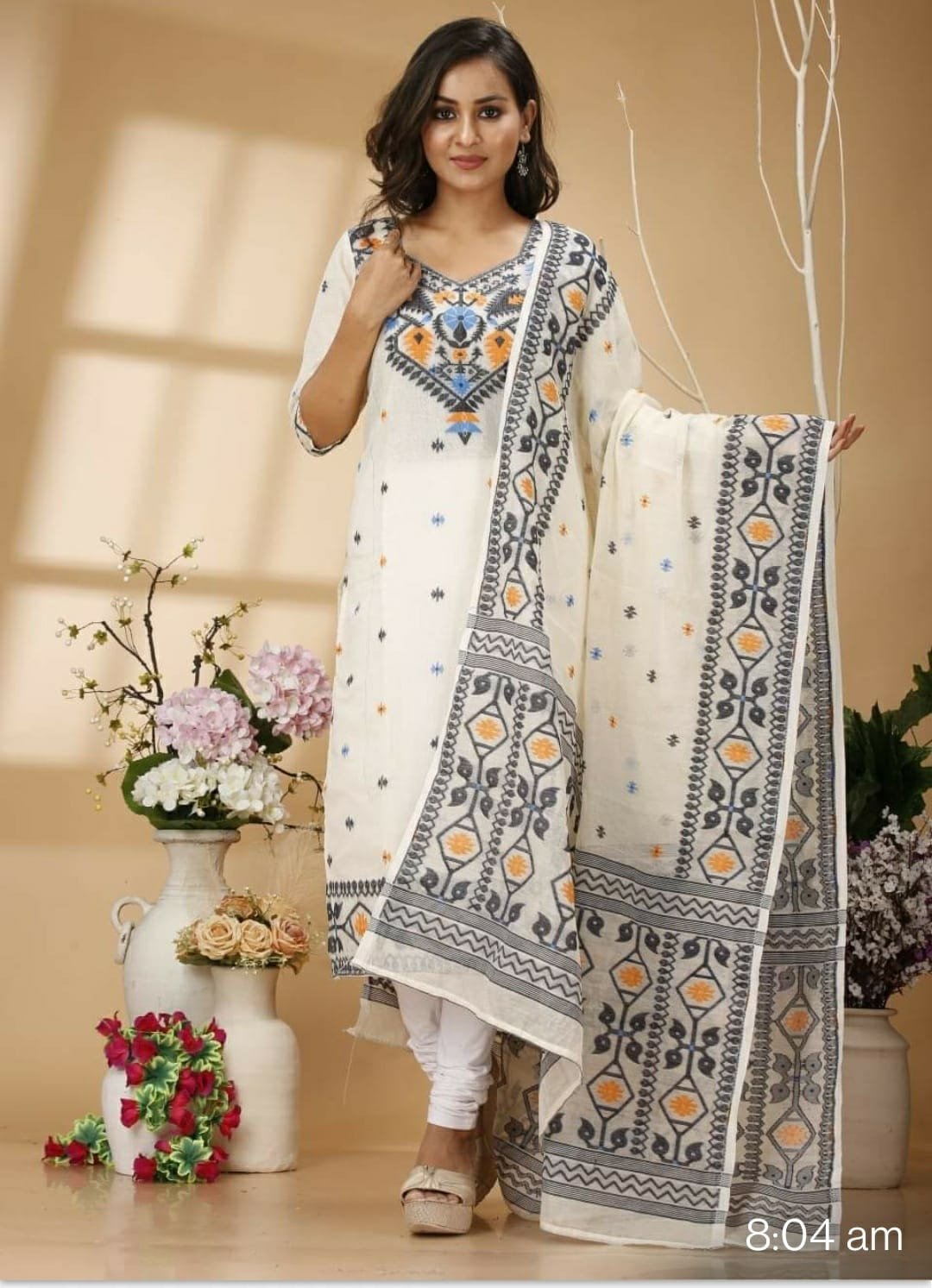 Kotki White Black Cotton Unstitched Jamdani Kurti Set