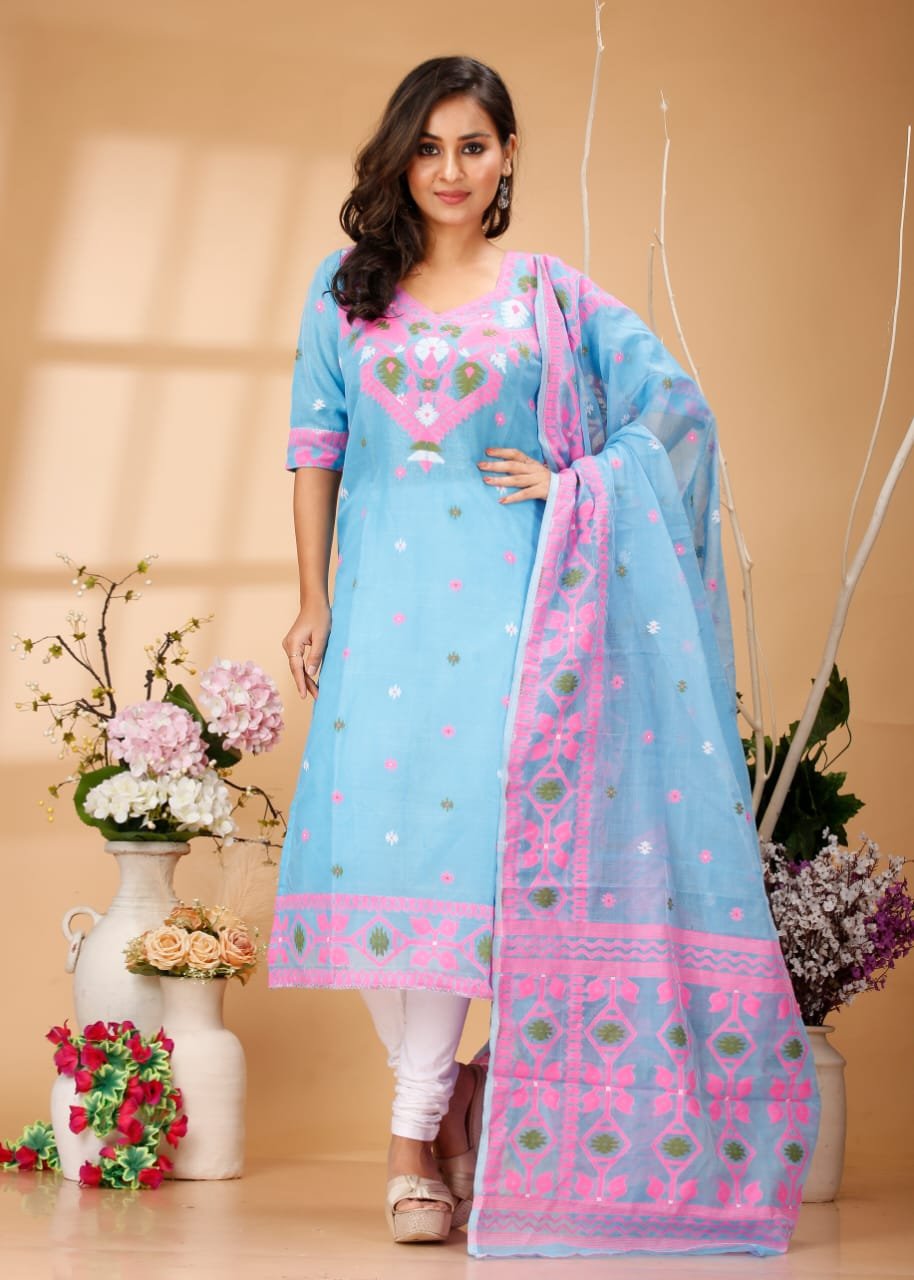 Kotki Sky Blue Cotton Unstitched Jamdani Kurti Set