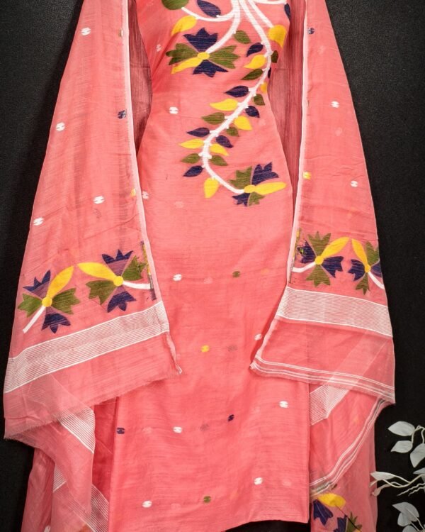 Flower Peach Cotton Unstitched Jamdani Kurti Set