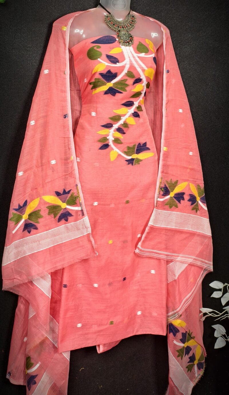 Flower Peach Cotton Unstitched Jamdani Kurti Set