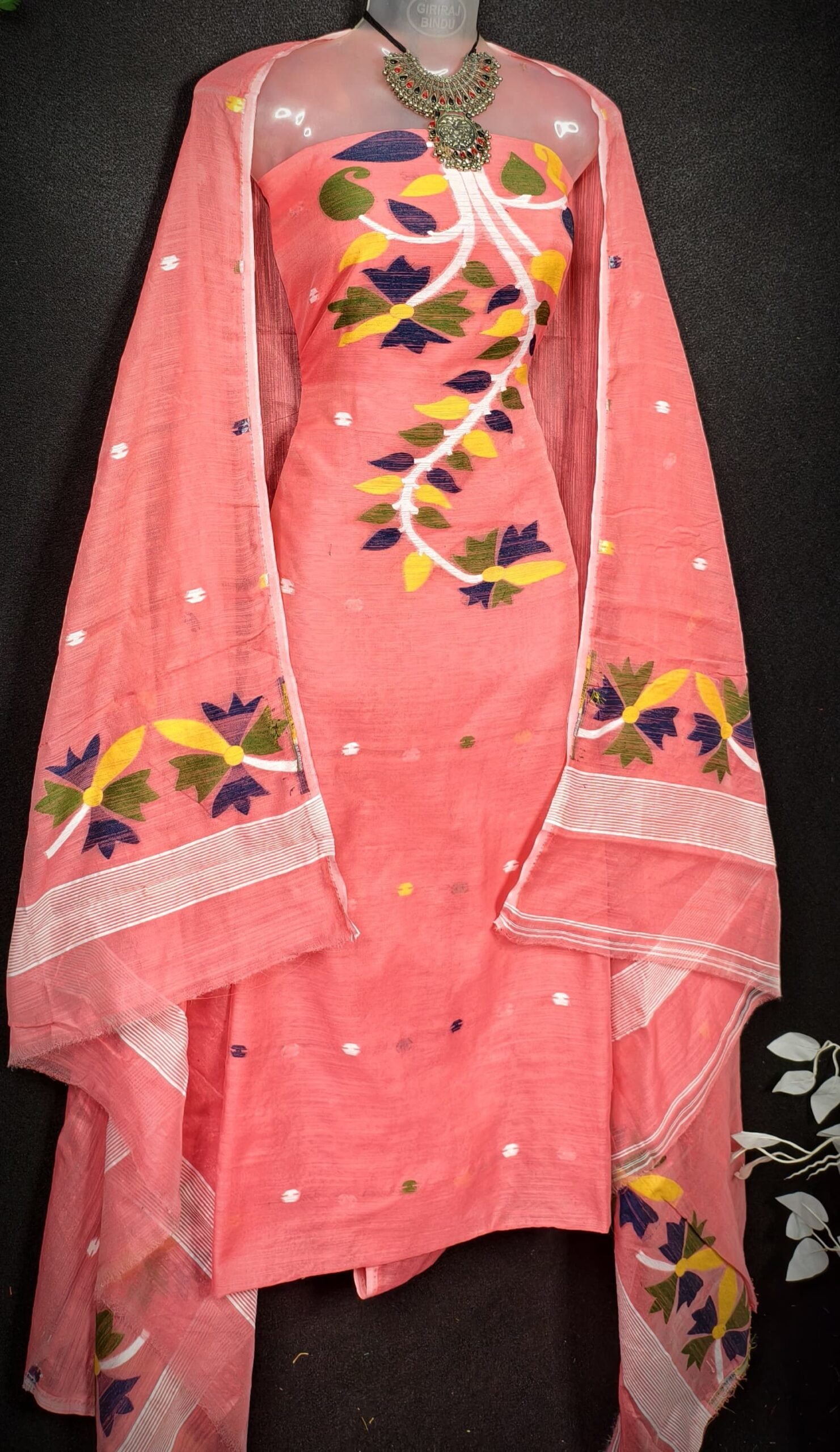 Flower Peach Cotton Unstitched Jamdani Kurti Set