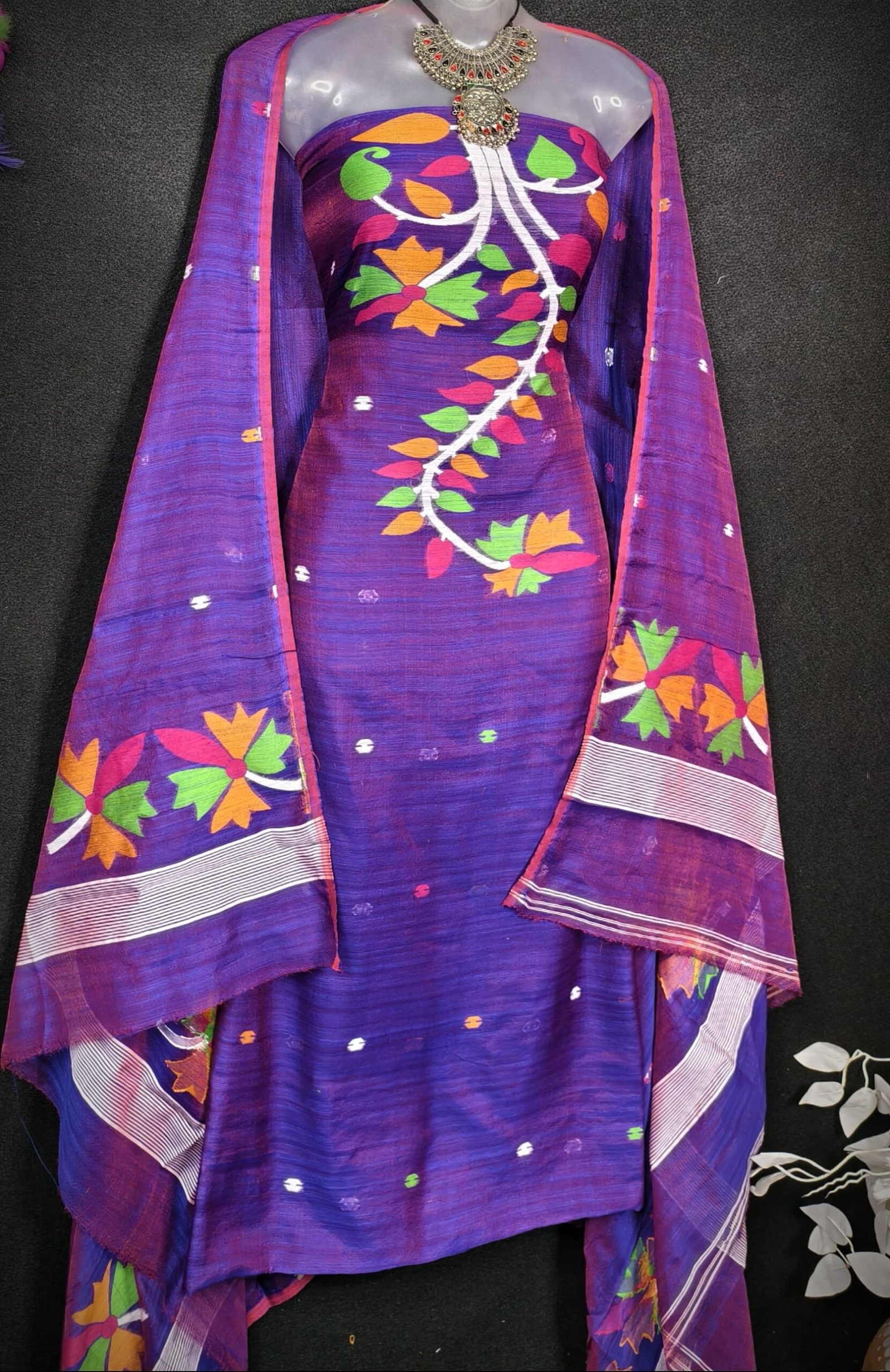 Flower Duel Tone Cotton Unstitched Jamdani Kurti Set