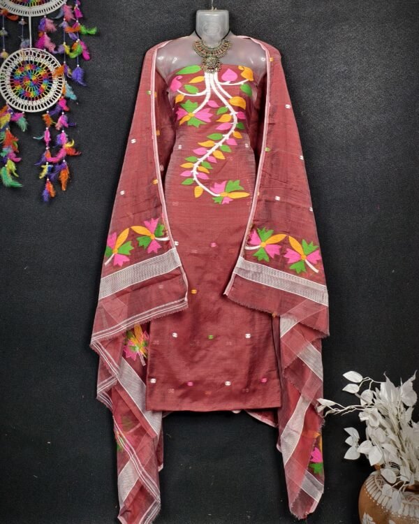 Flower Brown Cotton Unstitched Jamdani Kurti Set