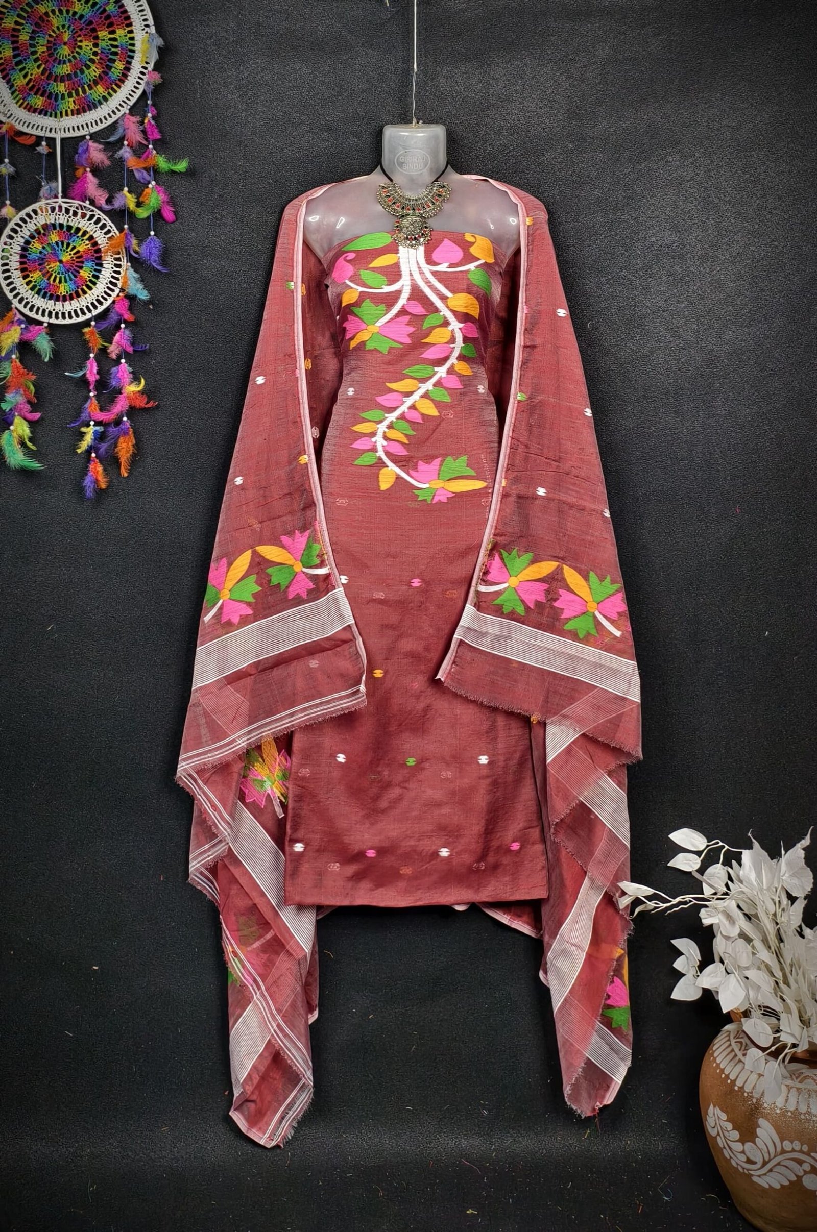 Flower Brown Cotton Unstitched Jamdani Kurti Set