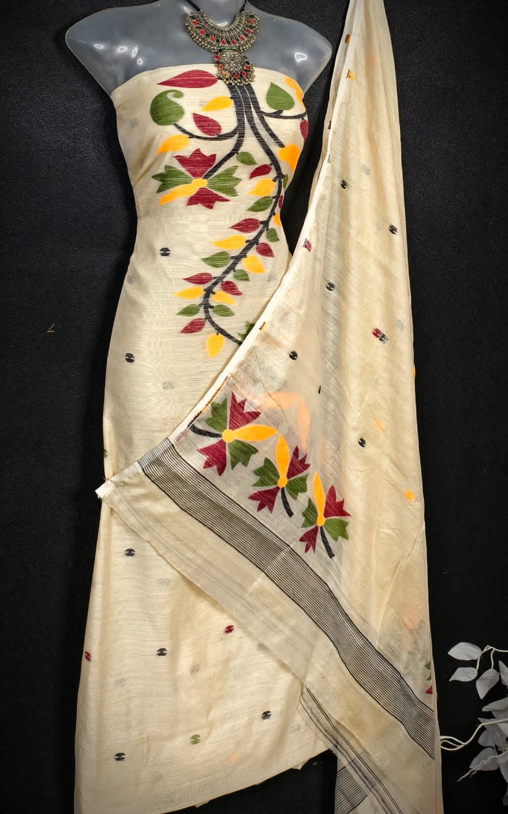 Flower Cream Cotton Unstitched Jamdani Kurti Set