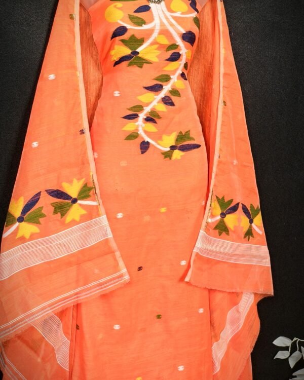 Flower Orange Cotton Unstitched Jamdani Kurti Set