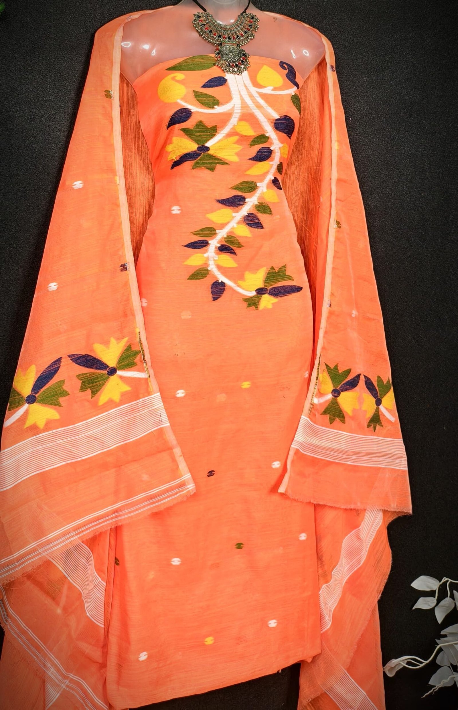 Flower Orange Cotton Unstitched Jamdani Kurti Set