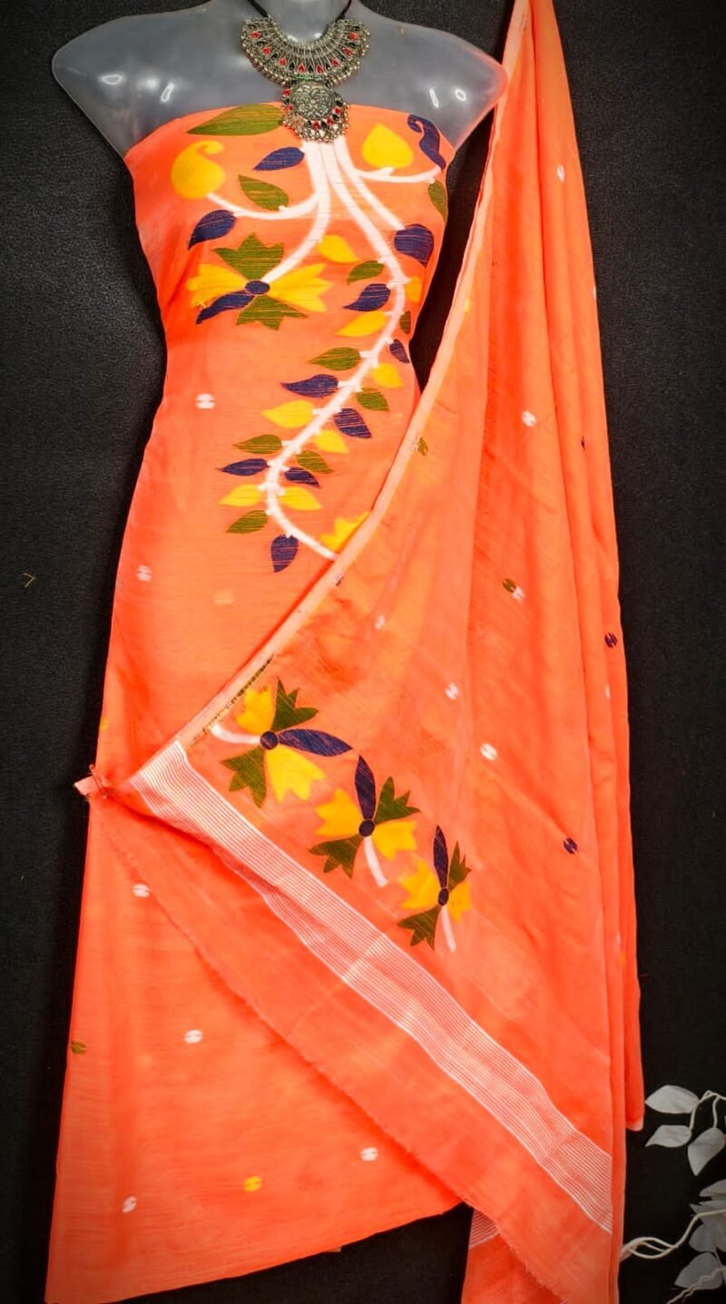 Flower Orange Cotton Unstitched Jamdani Kurti Set - Image 2