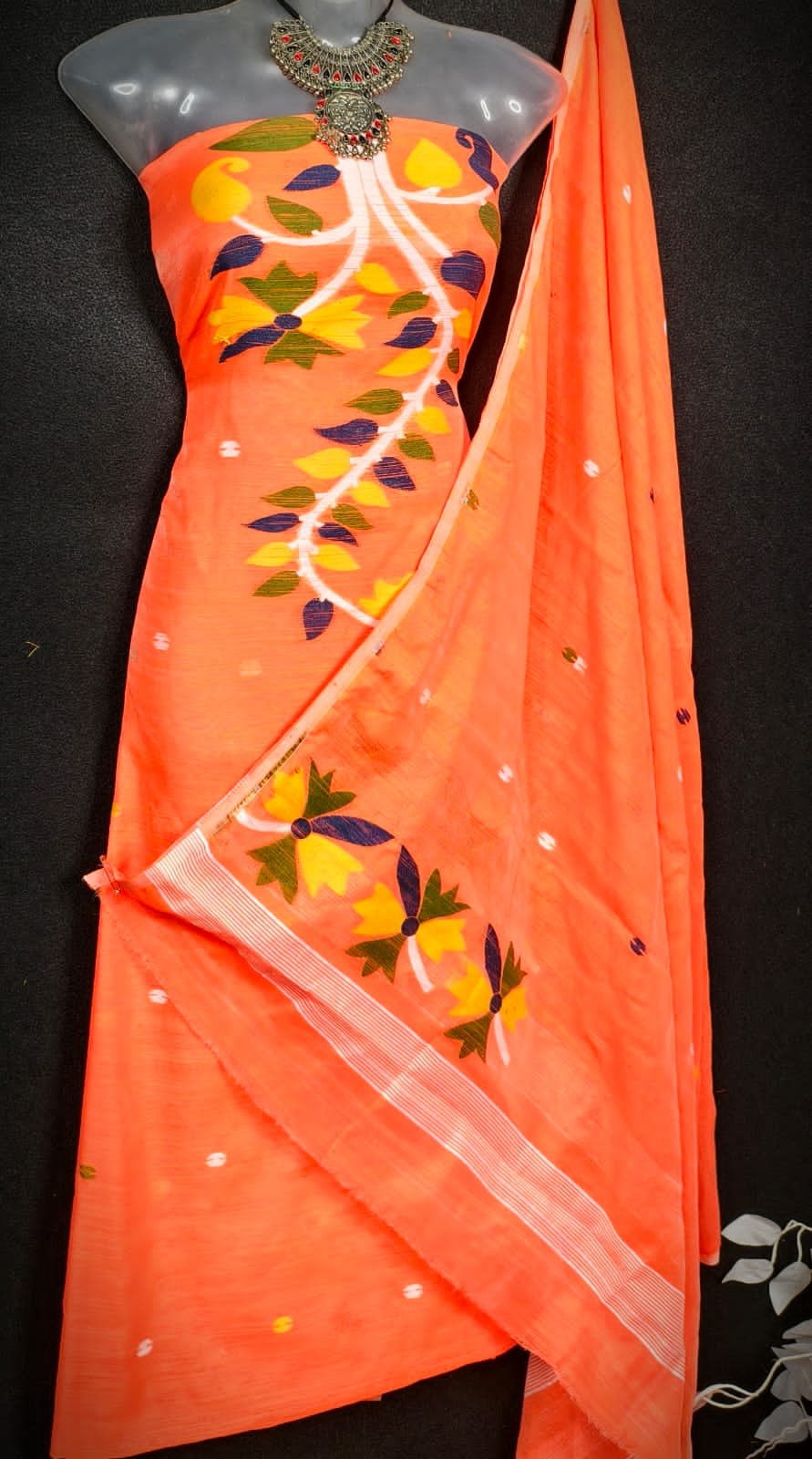 Flower Orange Cotton Unstitched Jamdani Kurti Set - Image 2