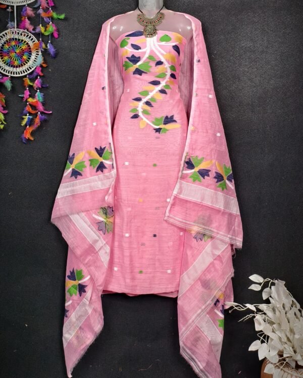 Flower Pink Cotton Unstitched Jamdani Kurti Set