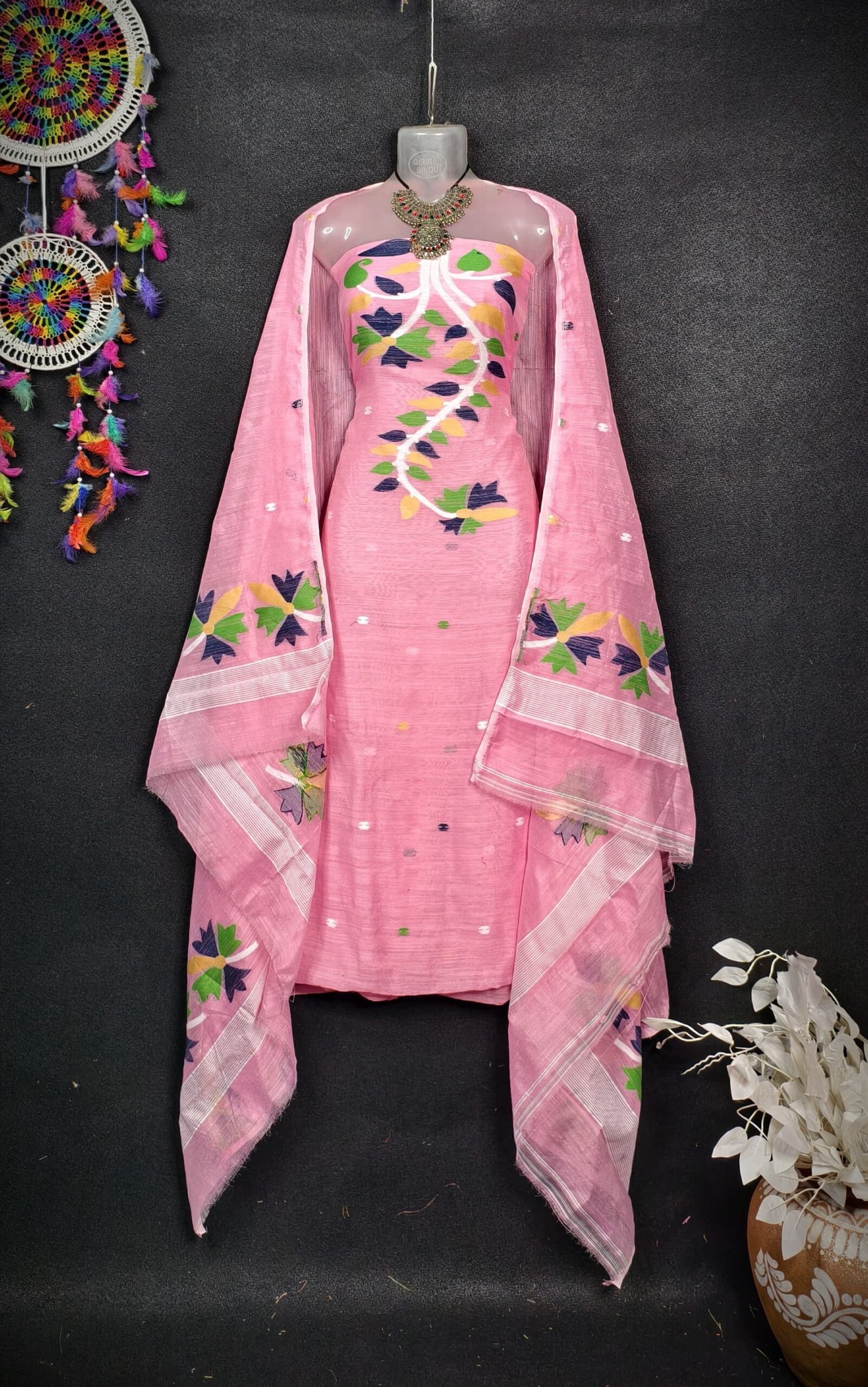 Flower Pink Cotton Unstitched Jamdani Kurti Set
