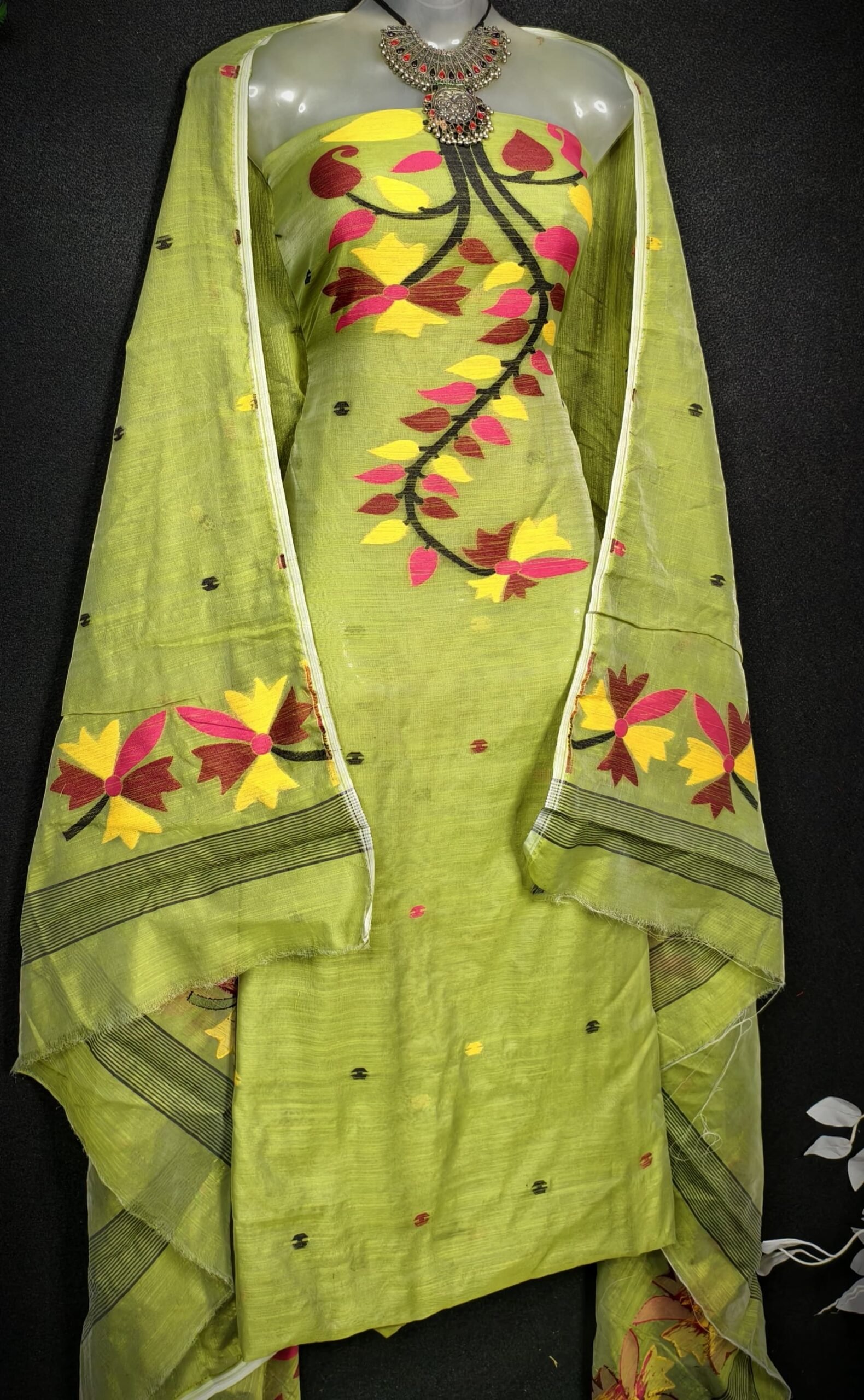 Flower Batabi Cotton Unstitched Jamdani Kurti Set
