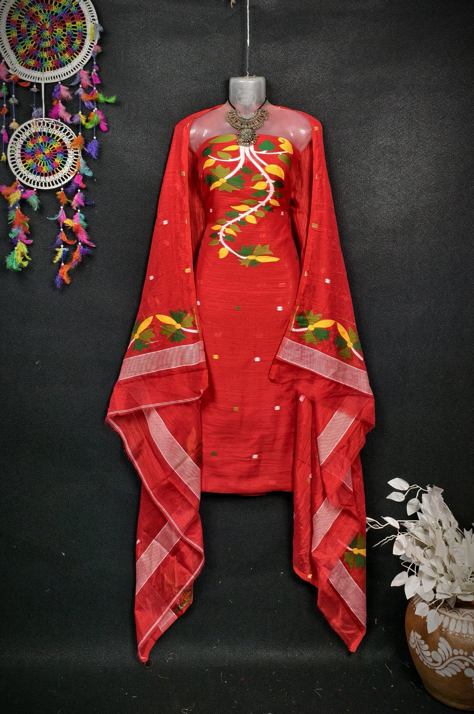 Flower Red Cotton Unstitched Jamdani Kurti Set