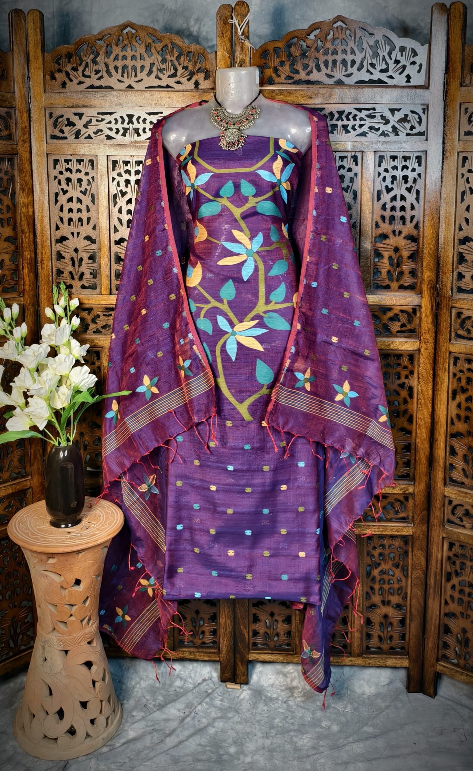 Lata Duel Tone Cotton Unstitched Jamdani Kurti Set
