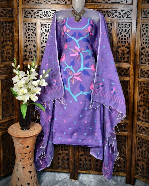 Lata Purple Cotton Unstitched Jamdani Kurti Set