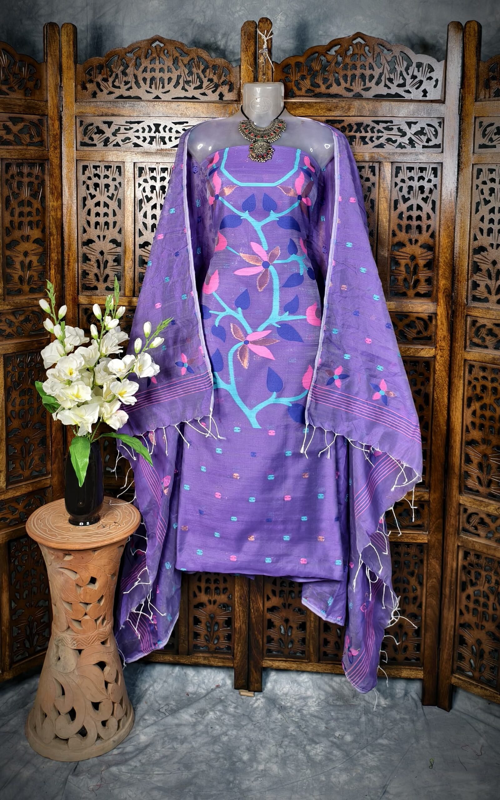 Lata Purple Cotton Unstitched Jamdani Kurti Set