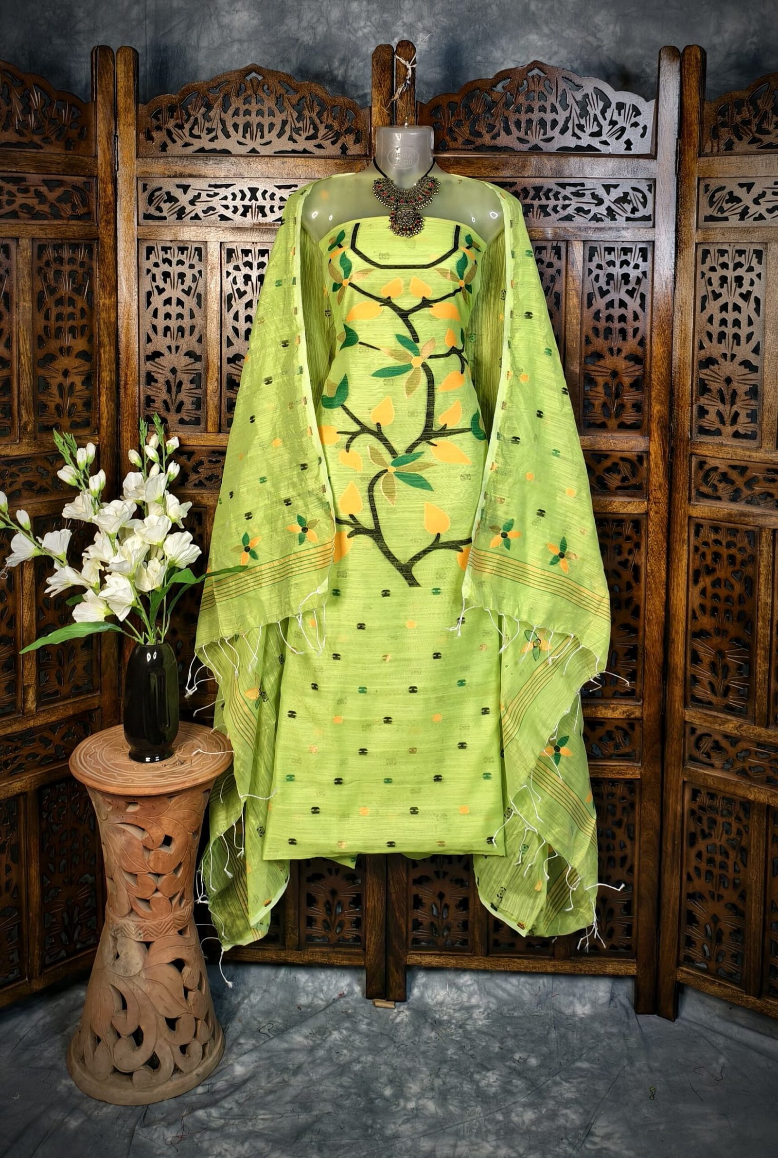 Lata Light Green Cotton Unstitched Jamdani Kurti Set