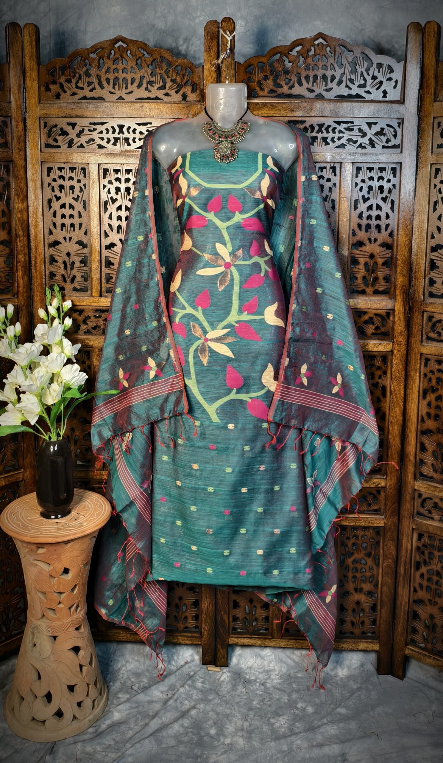 Lata King Green Cotton Unstitched Jamdani Kurti Set