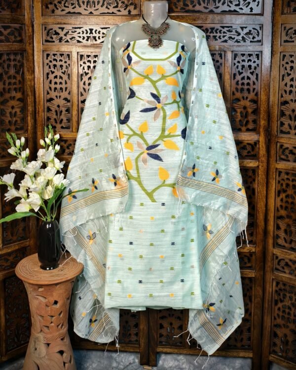 Lata White Cotton Unstitched Jamdani Kurti Set