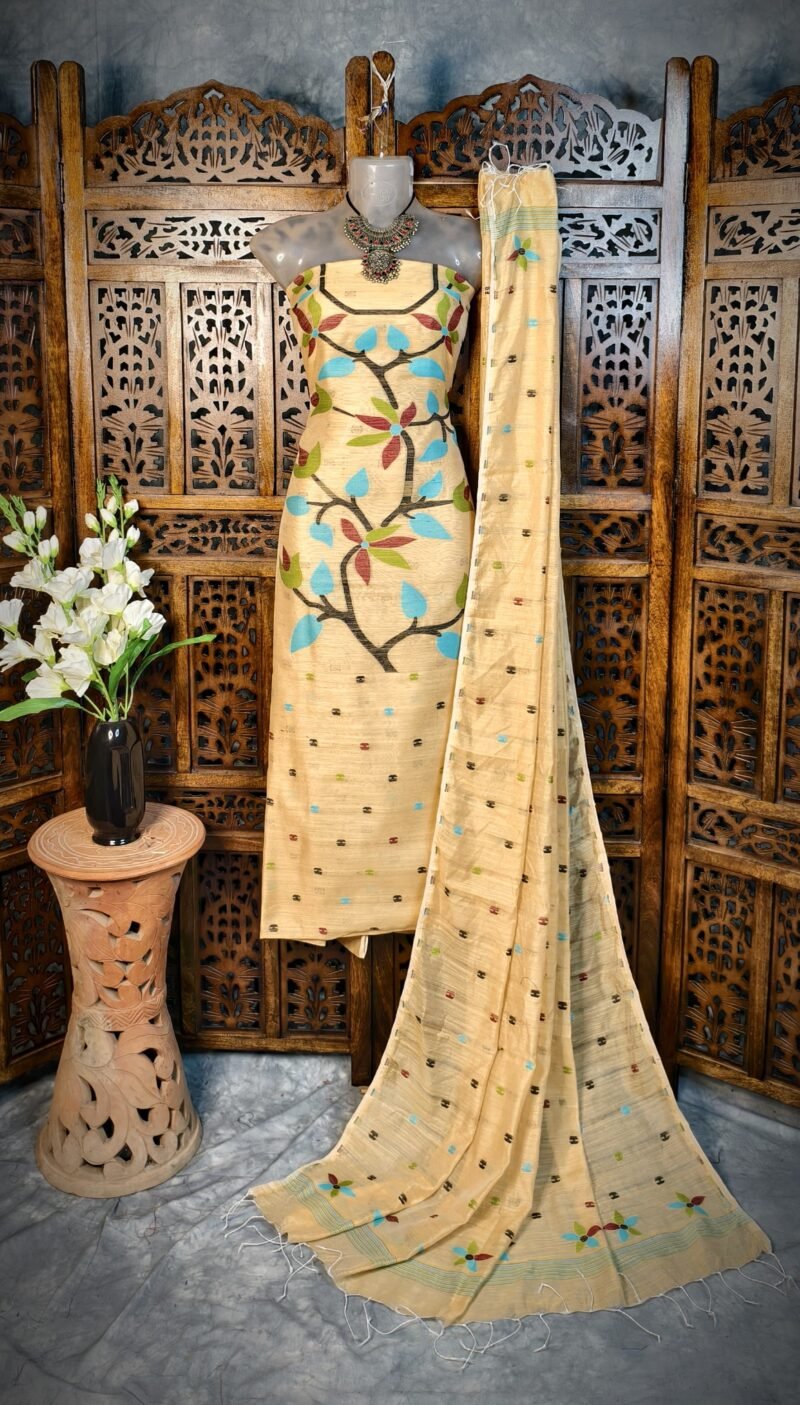 Lata Tasar Cotton Unstitched Jamdani Kurti Set