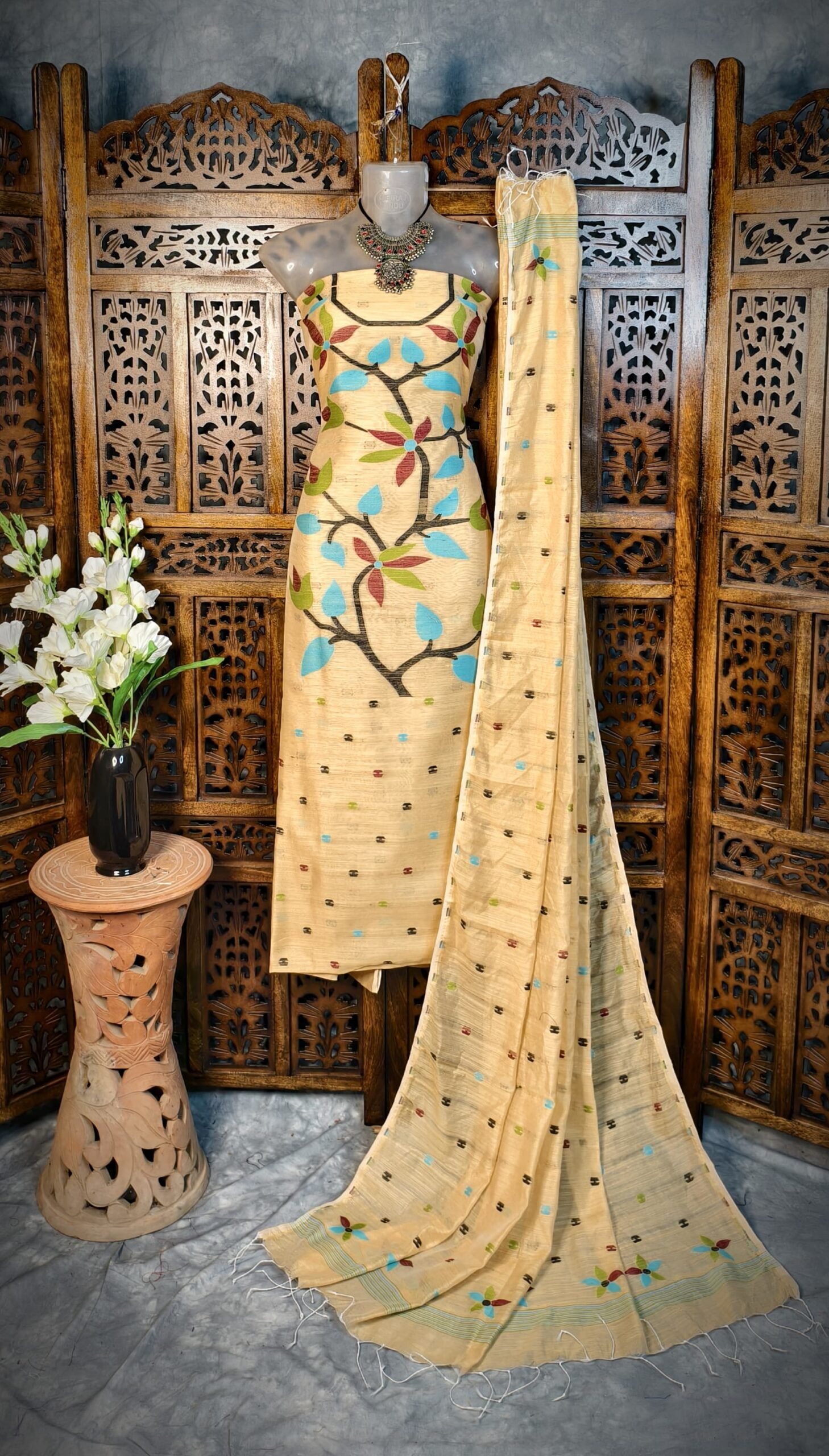 Lata Tasar Cotton Unstitched Jamdani Kurti Set