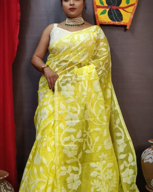 Fulljhuri Lemmon Yellow Soft Jamdani Saree