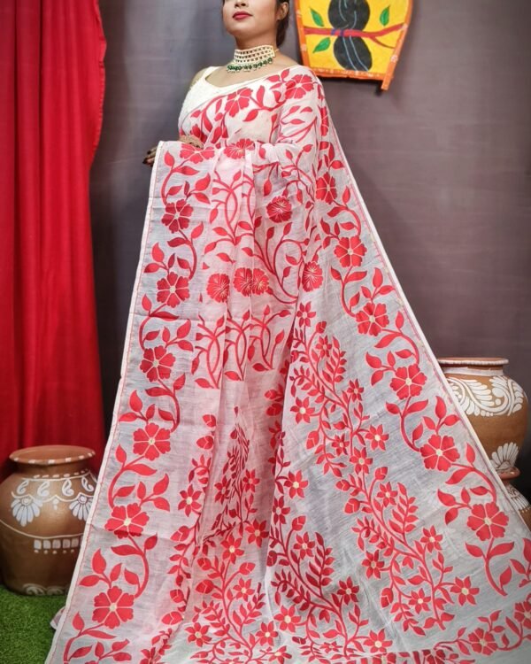 Fulljhuri White Red Soft Jamdani Saree