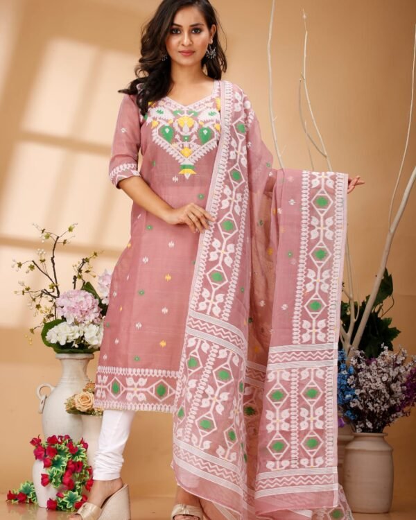 Four Leaf Light Brown Unstitched Jamdani Kurti Set