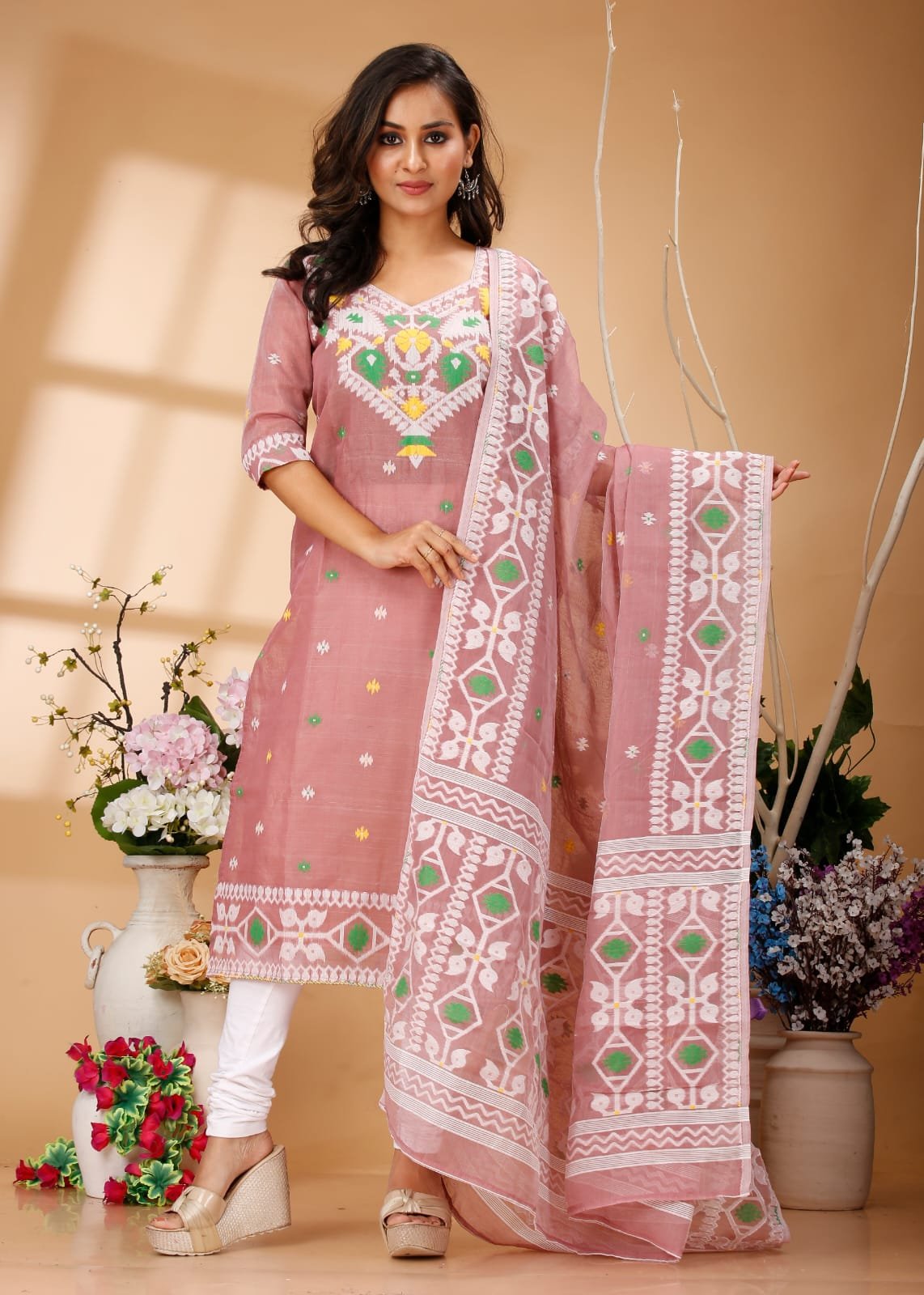 Four Leaf Light Brown Unstitched Jamdani Kurti Set