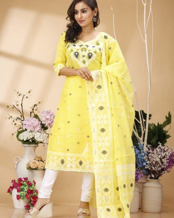 Four Leaf Yellow Unstitched Jamdani Kurti Set