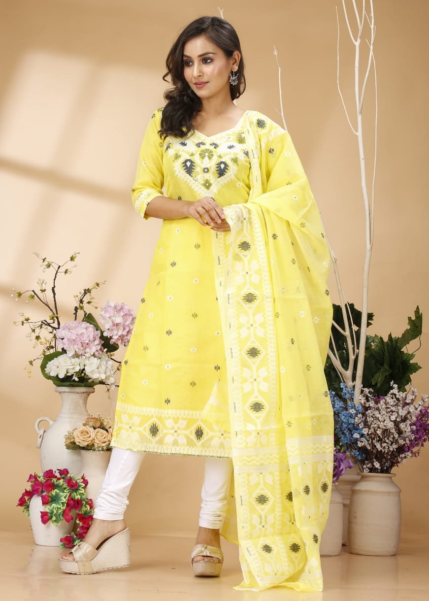 Four Leaf Yellow Unstitched Jamdani Kurti Set