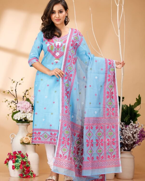 Four Leaf Sky Blue Unstitched Jamdani Kurti Set