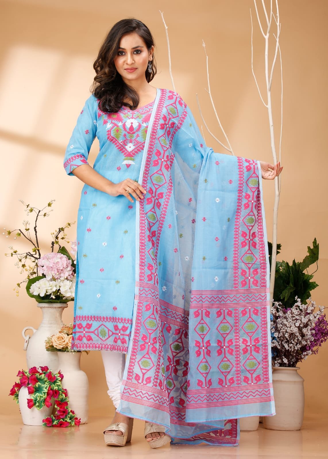 Four Leaf Sky Blue Unstitched Jamdani Kurti Set